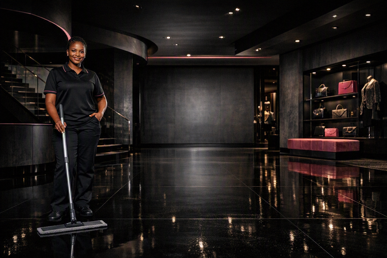 Luxury retail showroom with pristine displays and clean floors