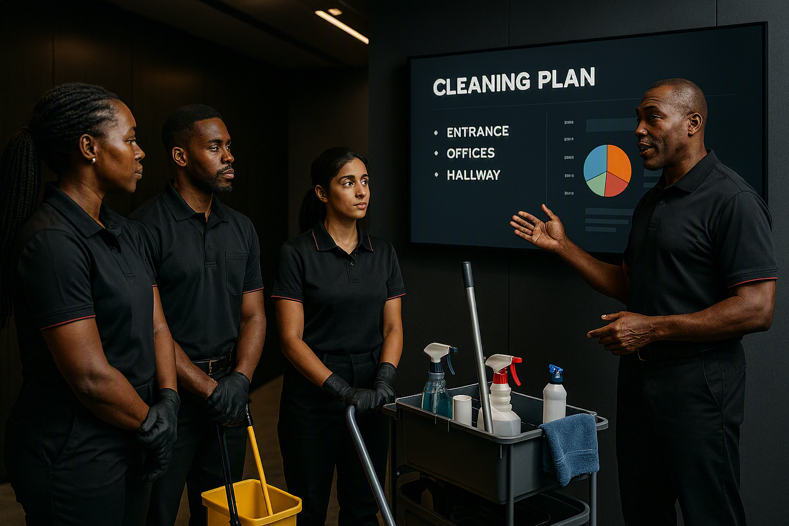 ProClean Experts team in a pre-job briefing reviewing the cleaning plan